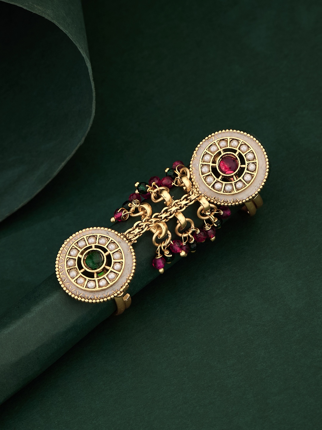 

Atibelle Gold Plated Stone Studded And Beaded Fusion Finger Ring