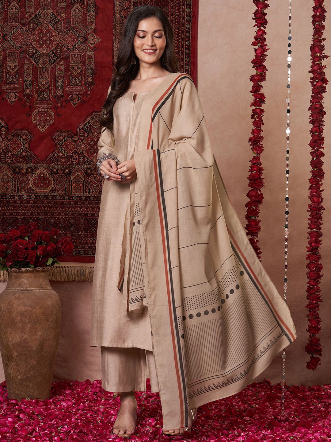 

Anni Designer Round Neck Straight Kurta with Trousers & Dupatta, Beige