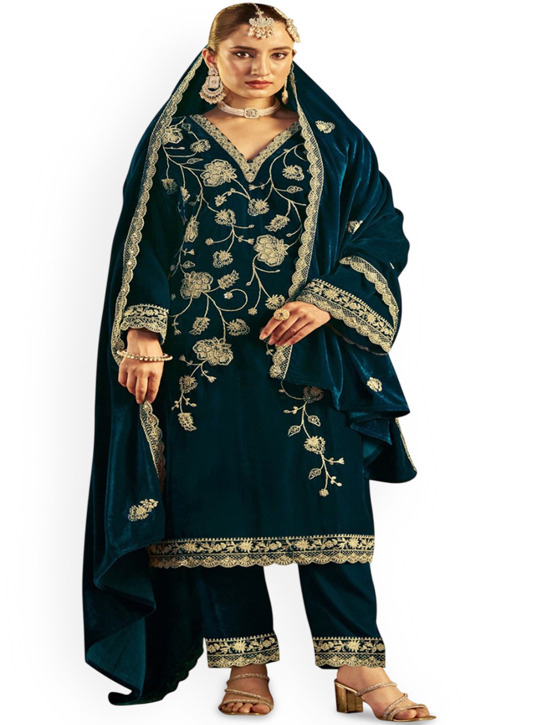 

DRAVINAM Trends Floral Embroidered Velvet Unstitched Dress Material, Blue