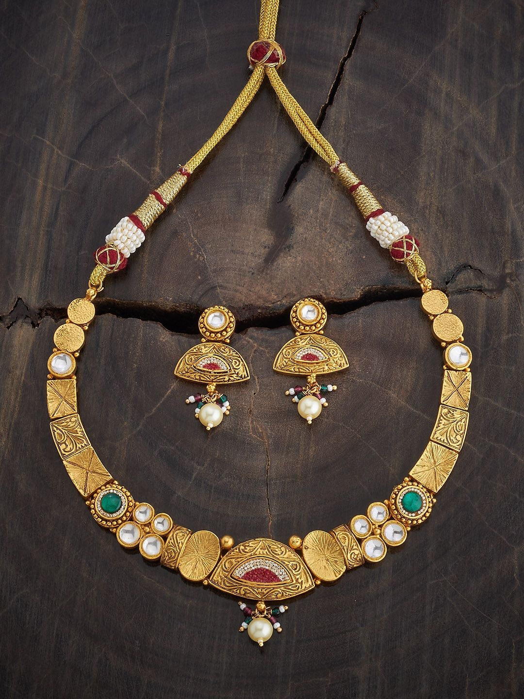 

Kushal's Fashion Jewellery Copper Ruby-Green Gold-Plated Antique Necklace