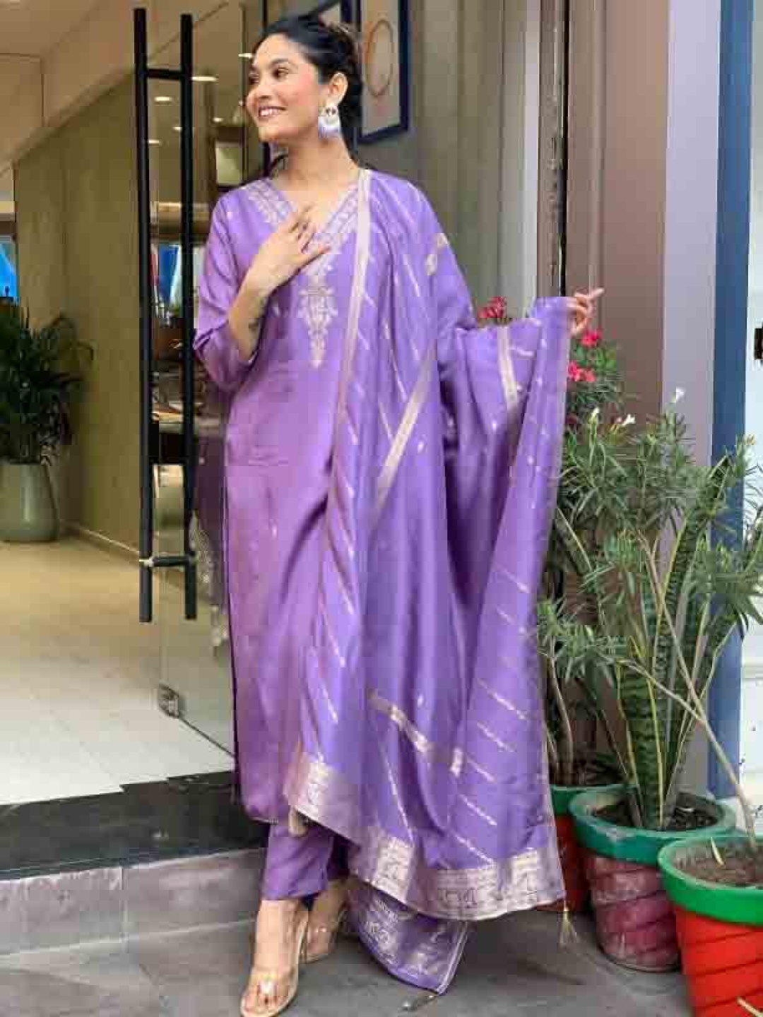 

Kurti Culture Floral Embroidered V-Neck Kurta With Trousers And Dupatta, Purple