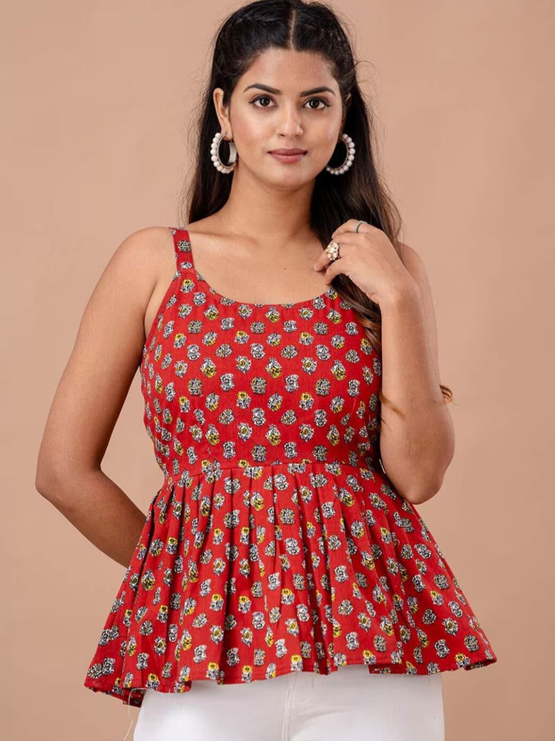 

Rangun Women Ethnic Motifs Printed Shoulder Straps Peplum Top, Red