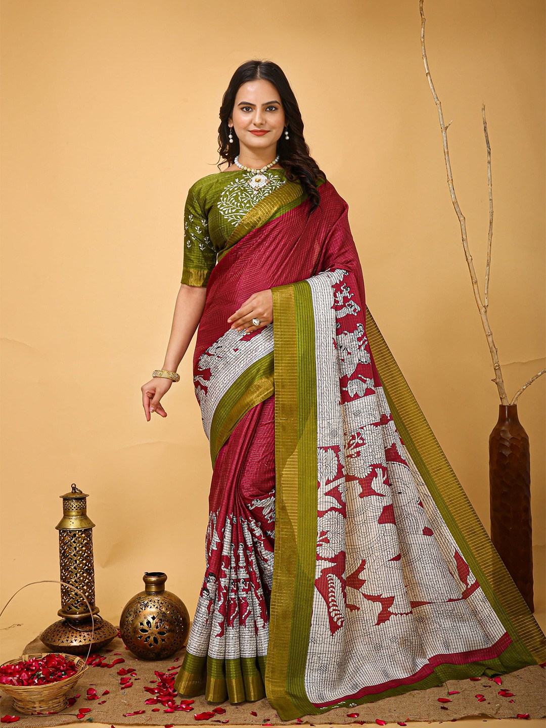 

KAYOMMI Woven Design Zari Pure Cotton Kanjeevaram Saree, Maroon