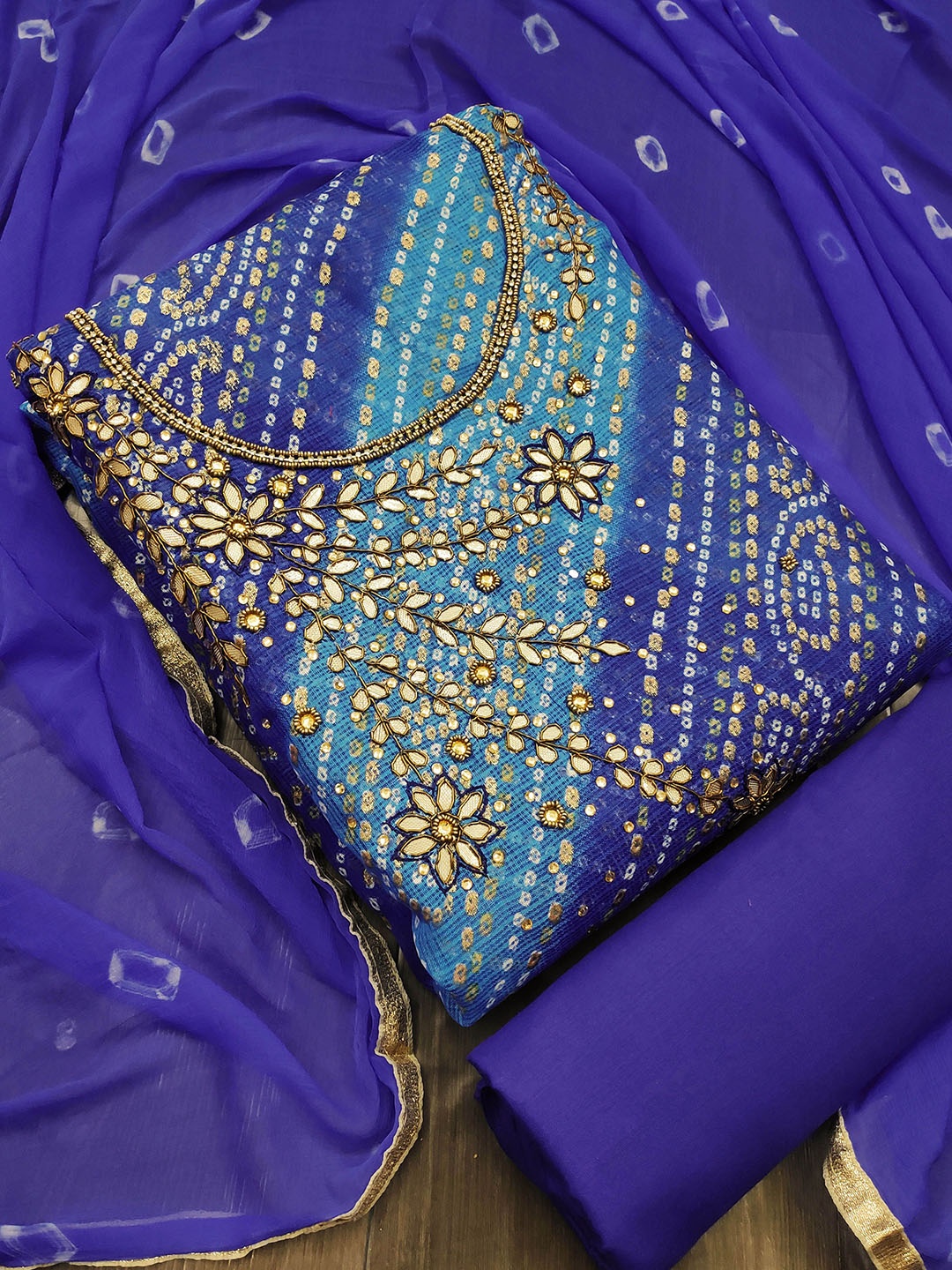 

HERE&NOW Bandhani Embellished Beads and Stones Unstitched Dress Material, Navy blue