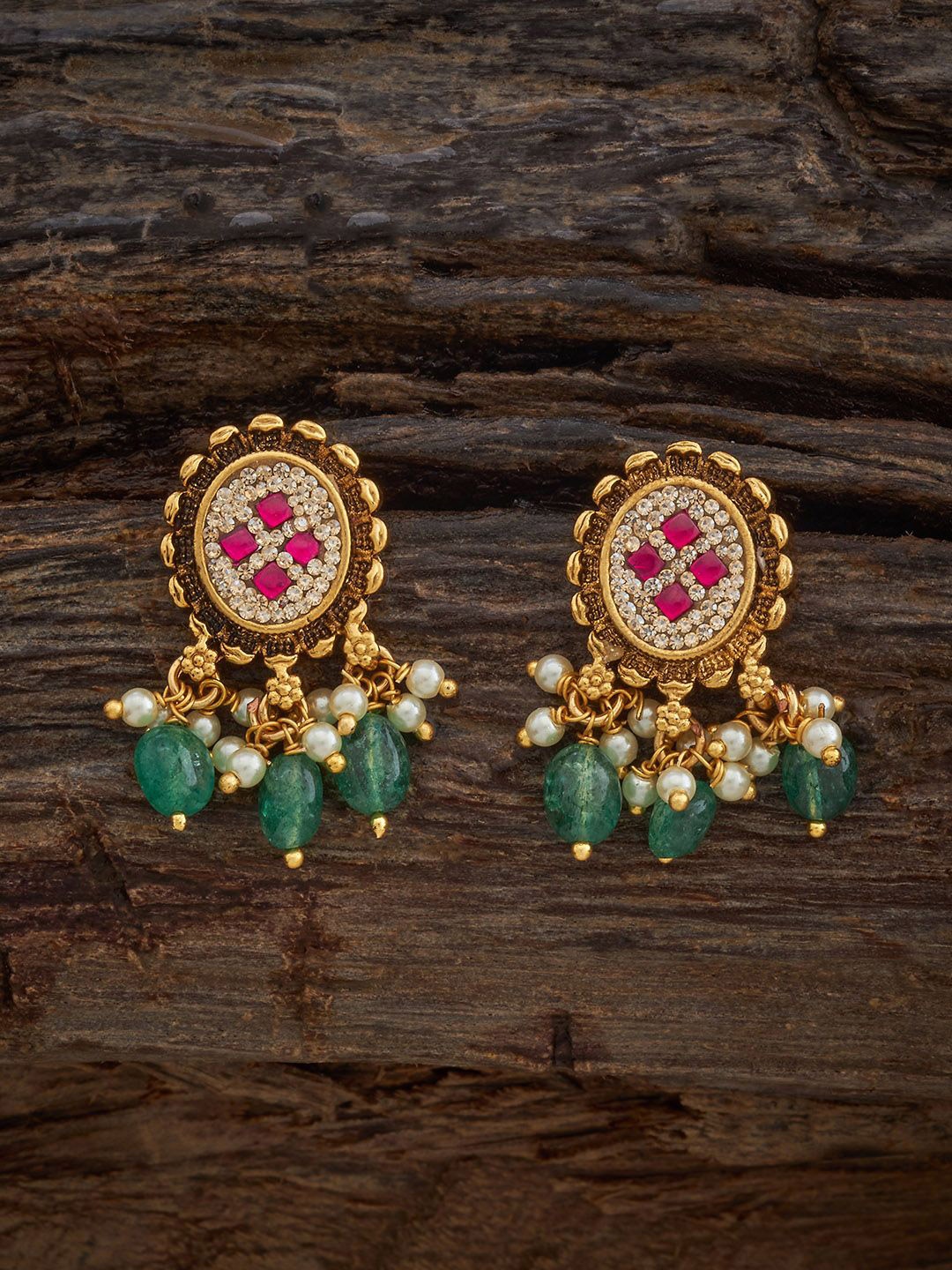 

Kushal's Fashion Jewellery Ruby-Green Gold-Plated Contemporary Antique Studs Earrings