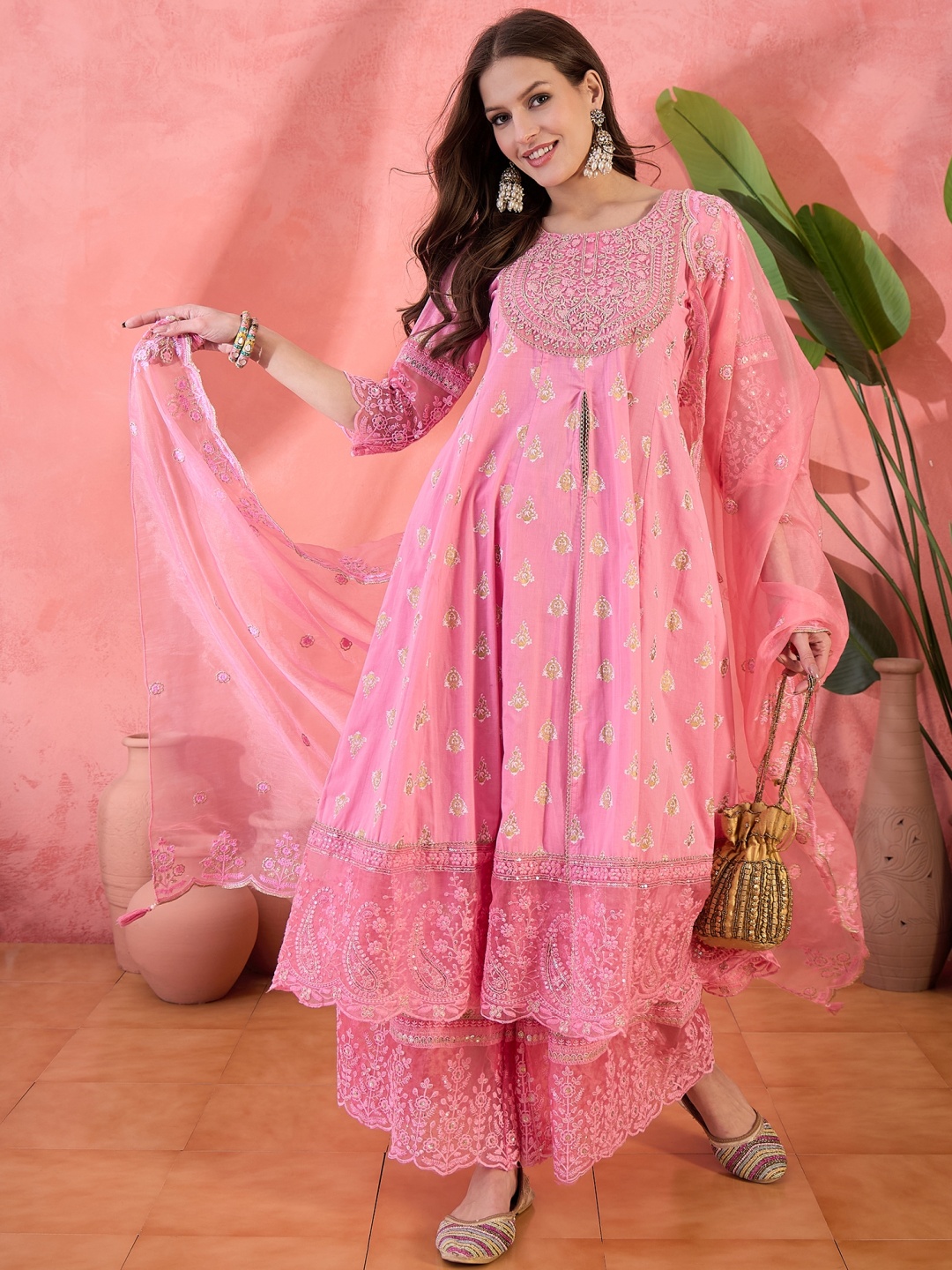 

Sangria Embroidered Kurta Sharara With Dupatta, Pink