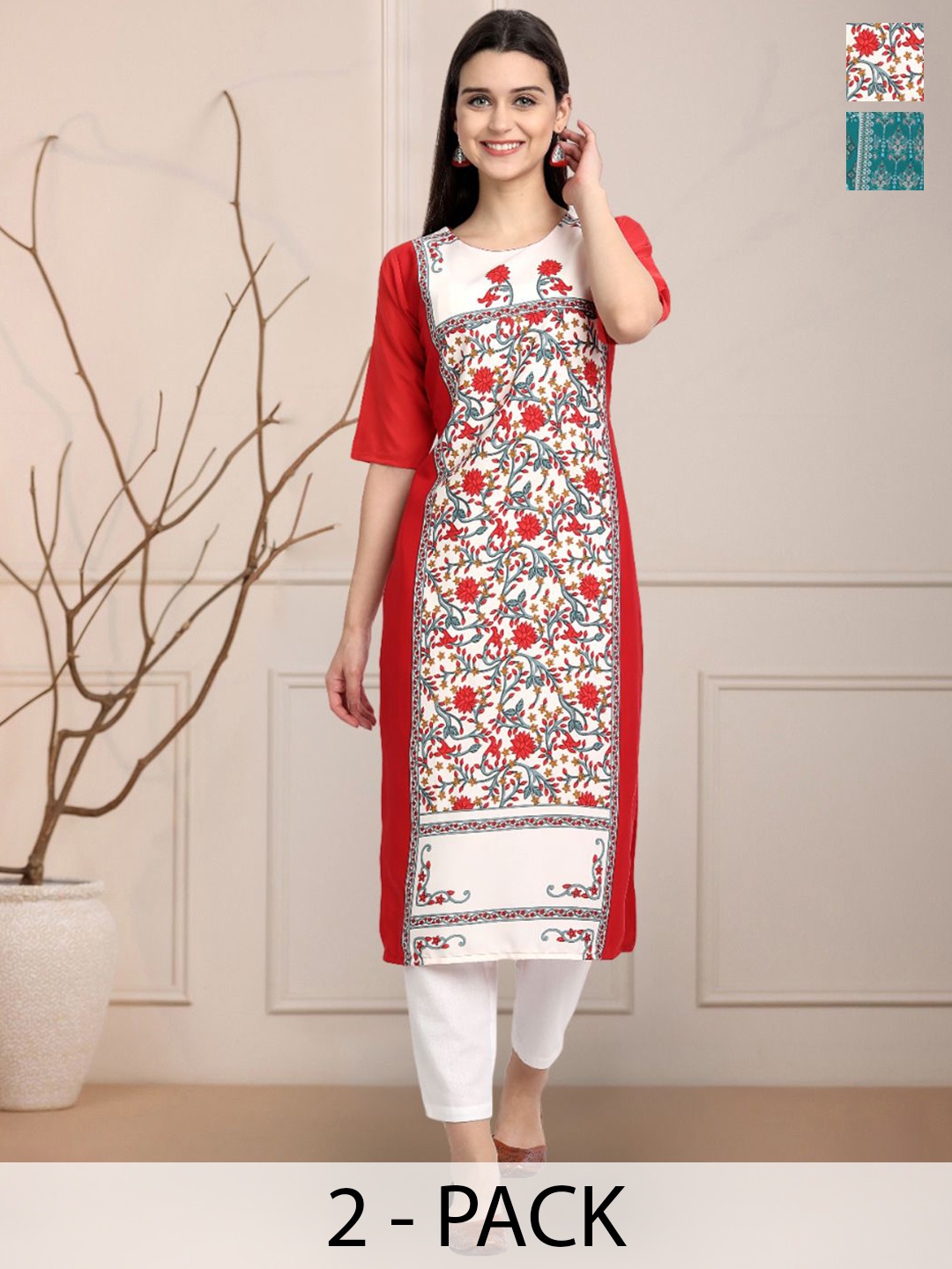 

Moda Rapido White & Red Selection Of 2 Floral Printed Round Neck Straight Kurtas