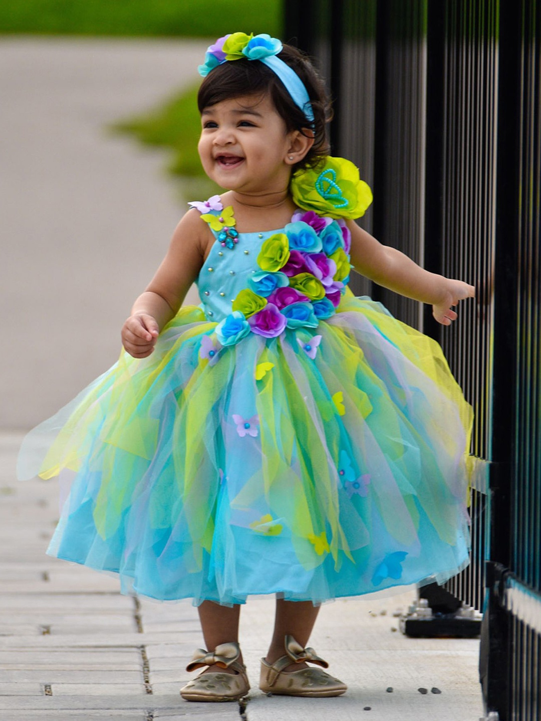 

Li & Li Boutique Girls Sky Blue and Green Flower Frock with flowers and butterflies, Turquoise blue