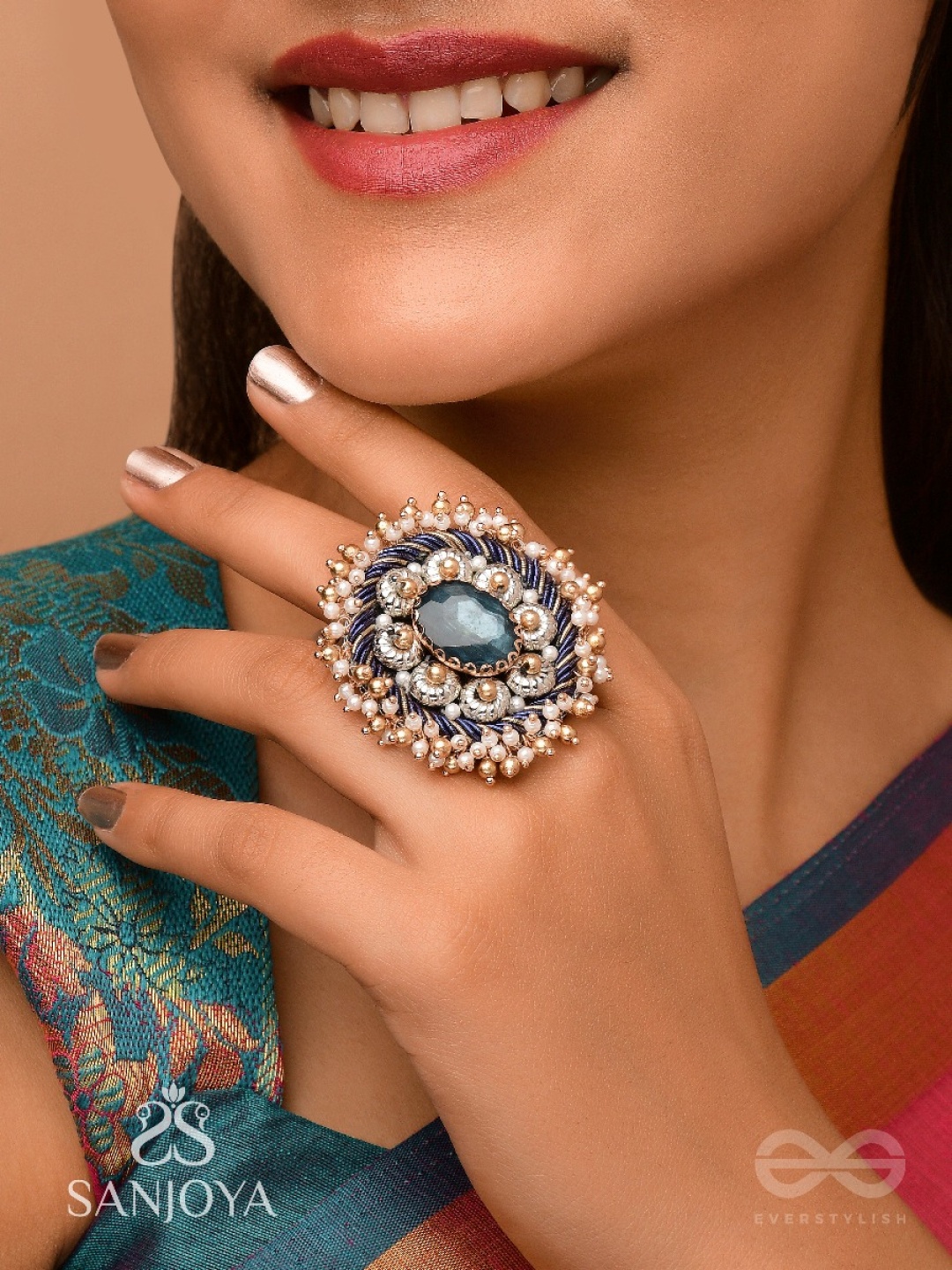 

EVERSTYLISH Sanjoya Stone & Beads Embroidered Adjustable Finger Ring, Gold