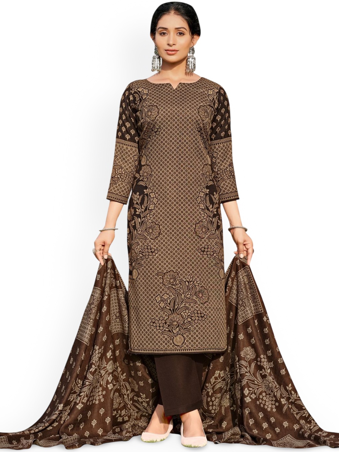 

DRAVINAM Trends Floral Printed Unstitched Dress Material, Coffee brown