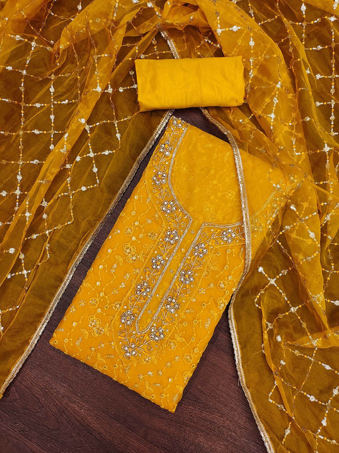 

KALINI Embroidered Organza Unstitched Dress Material, Yellow