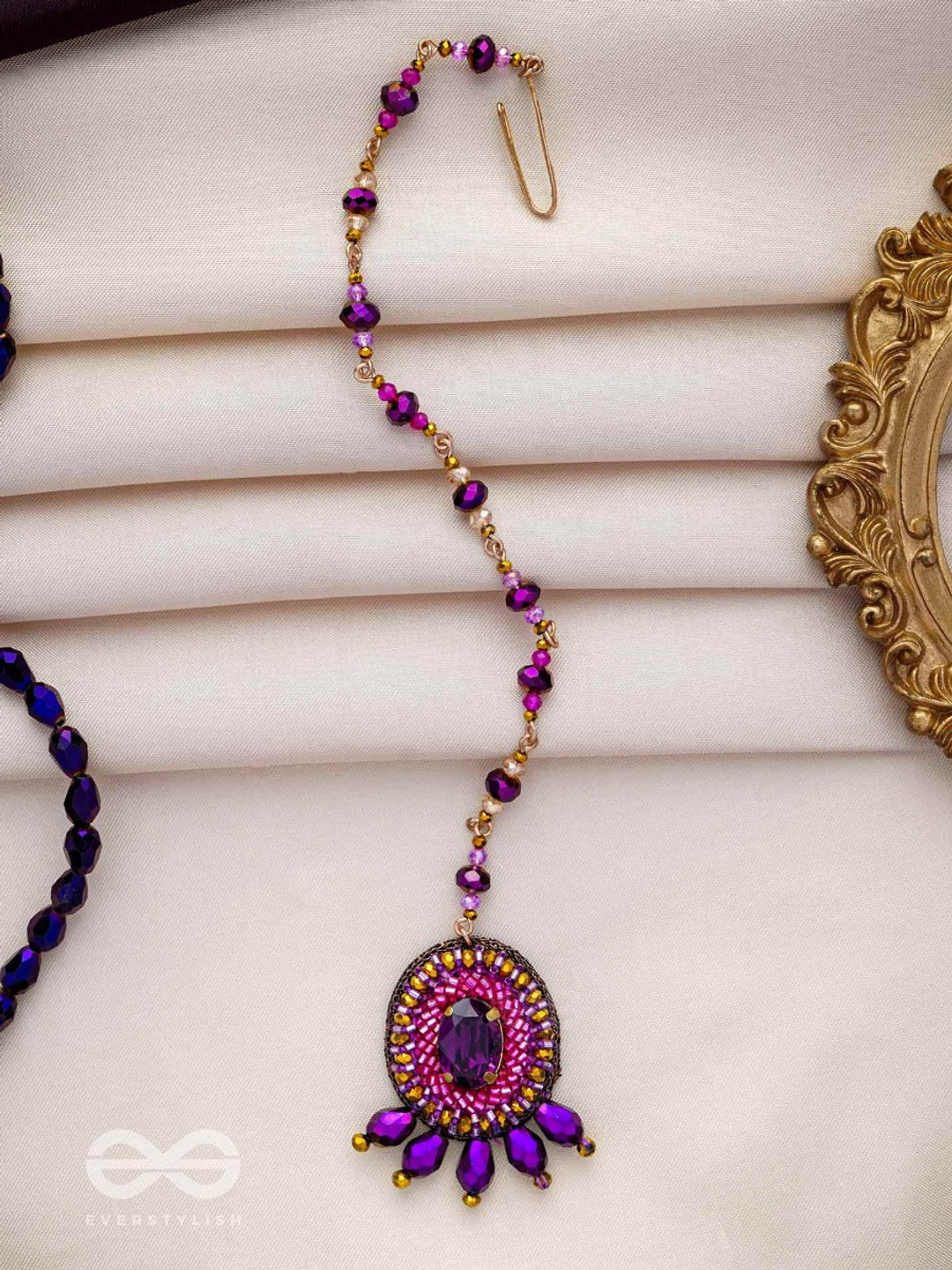 

EVERSTYLISH Sanjoya Stone, Cutdana & Beads Embroidered Maangtika, Purple