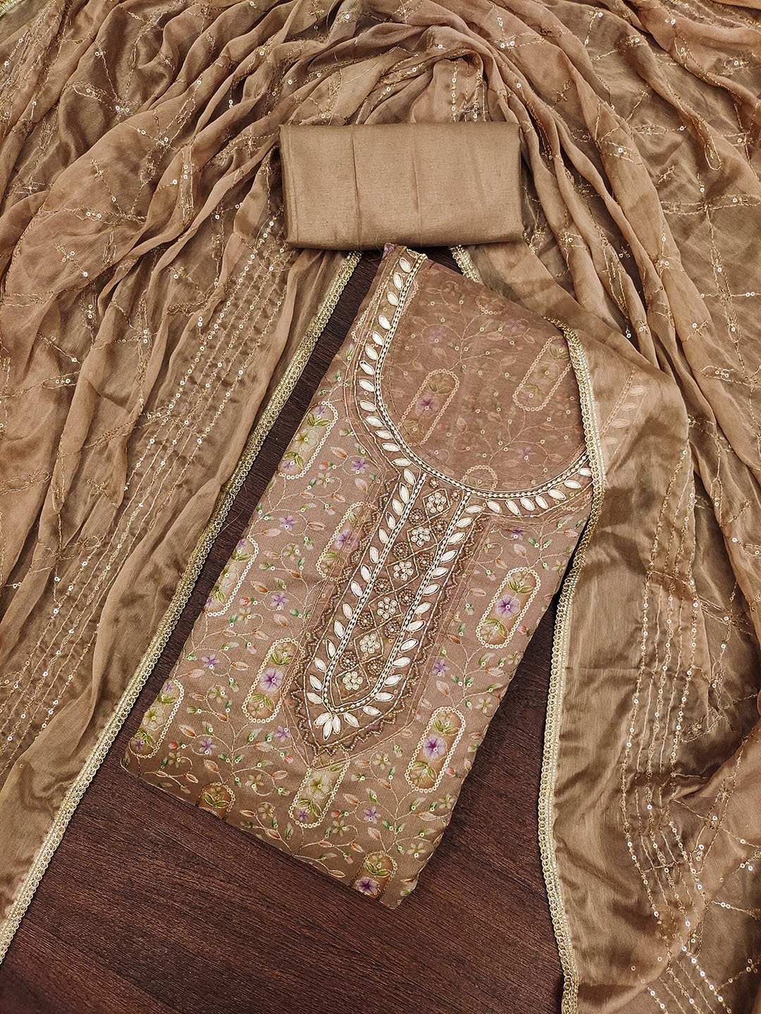 

KALINI Embroidered Organza Unstitched Dress Material, Beige