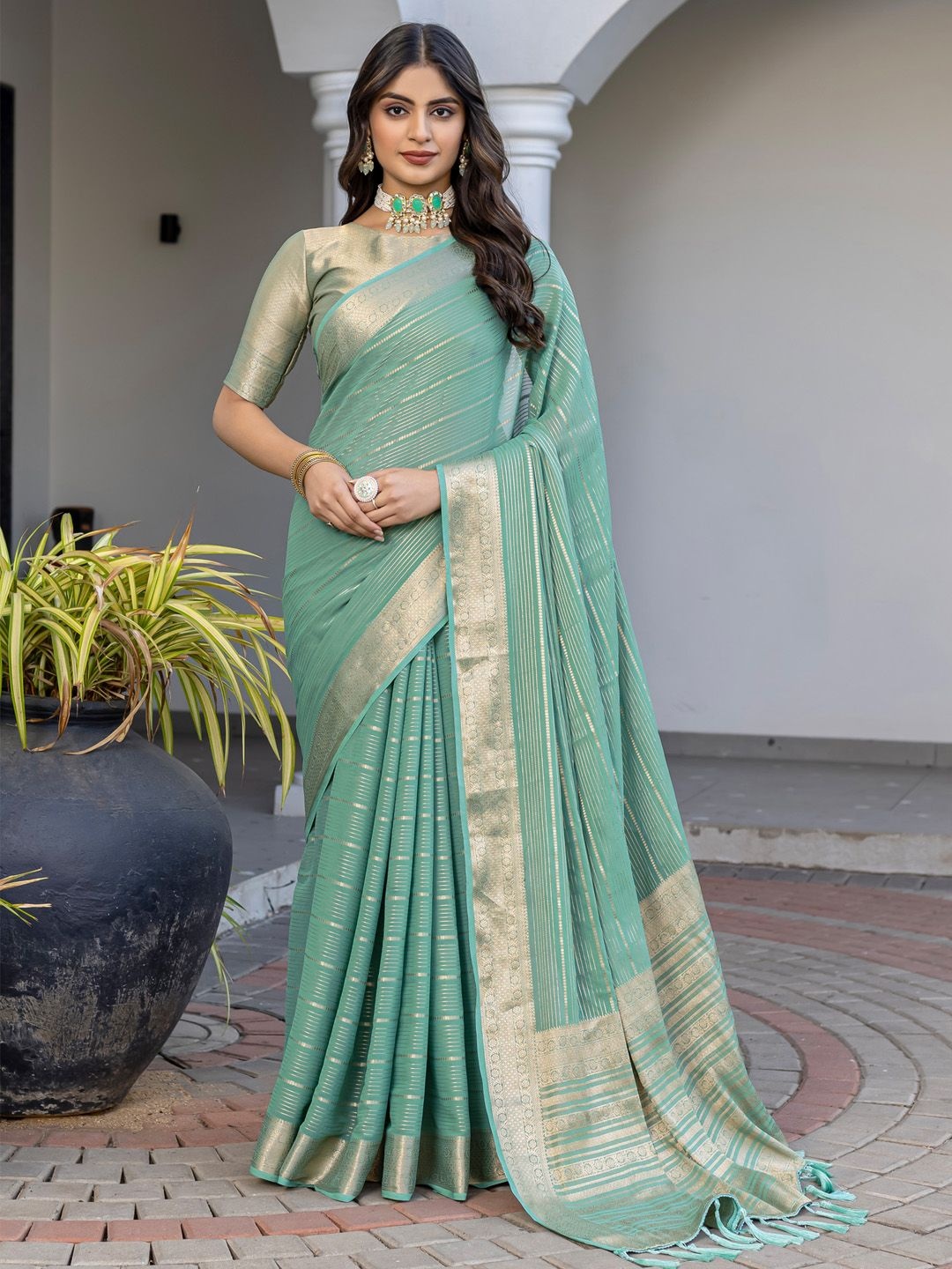 

Saree mall Woven Design Kanjeevaram Sarees, Sea green