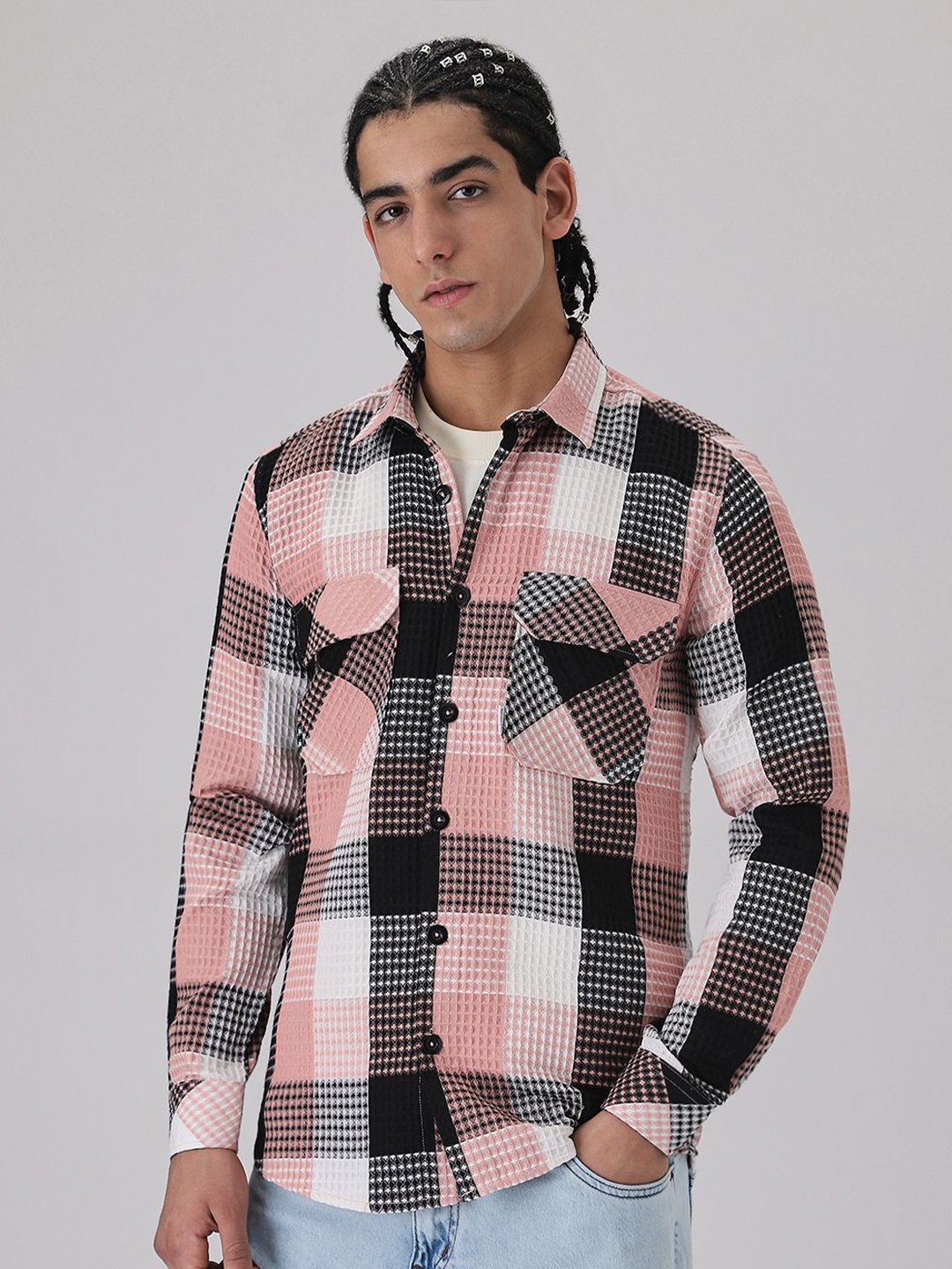 

Banana Club Men Classic Slim Fit Opaque Checked Casual Shirt, Peach