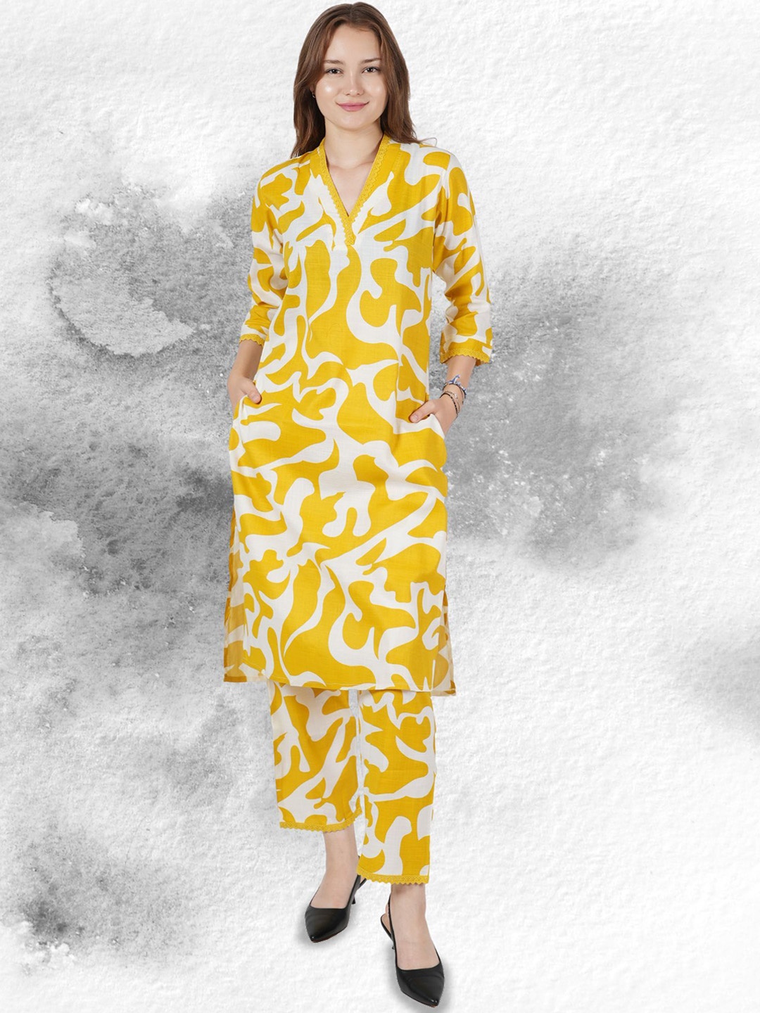 

BAESD Abstract Printed V-Neck Pure Cotton Straight Tunic With Trouser, Yellow