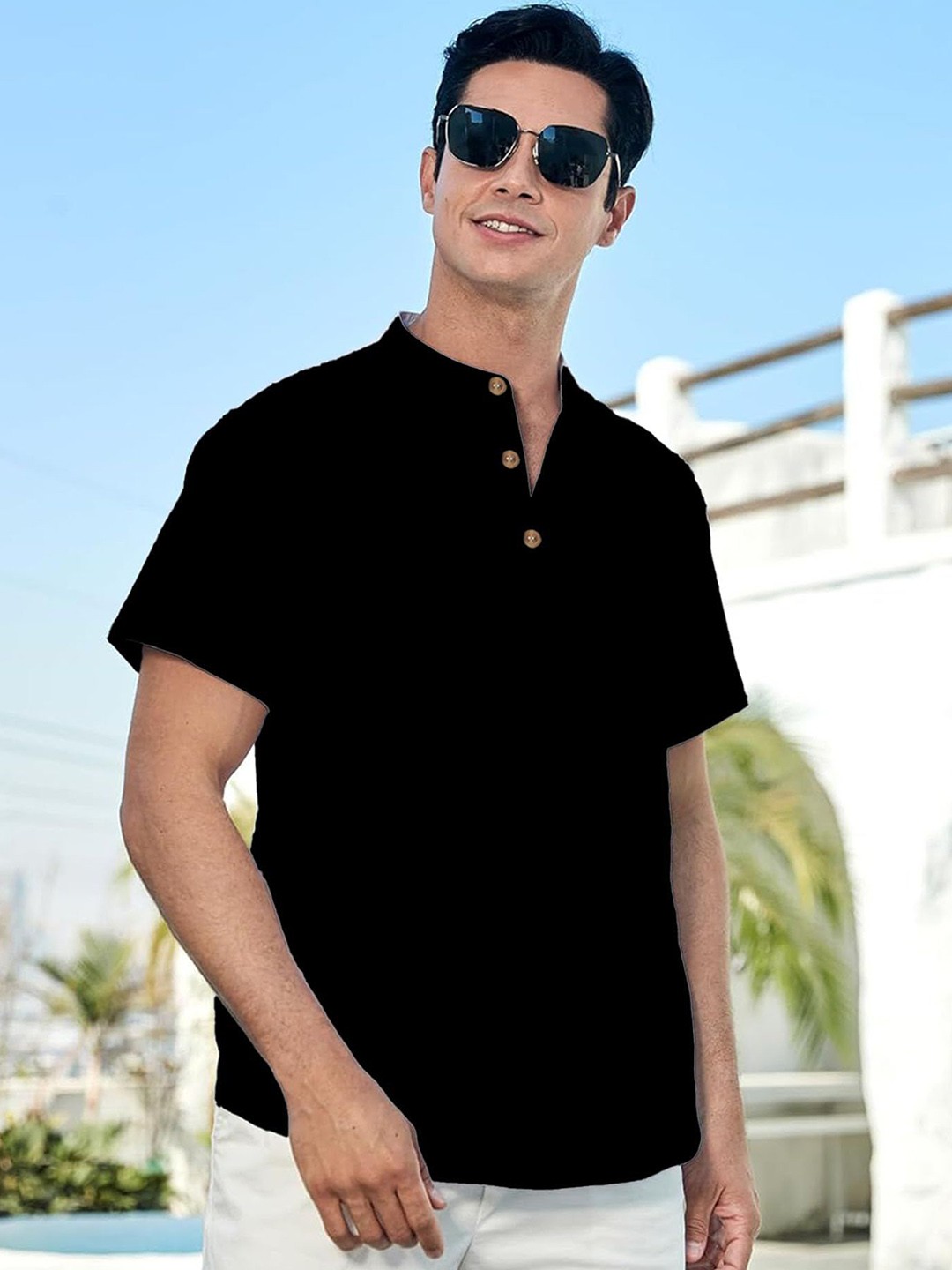 

Vida Loca Half Sleeves Band Collar Cotton Straight Slim Fit Short Kurta, Black