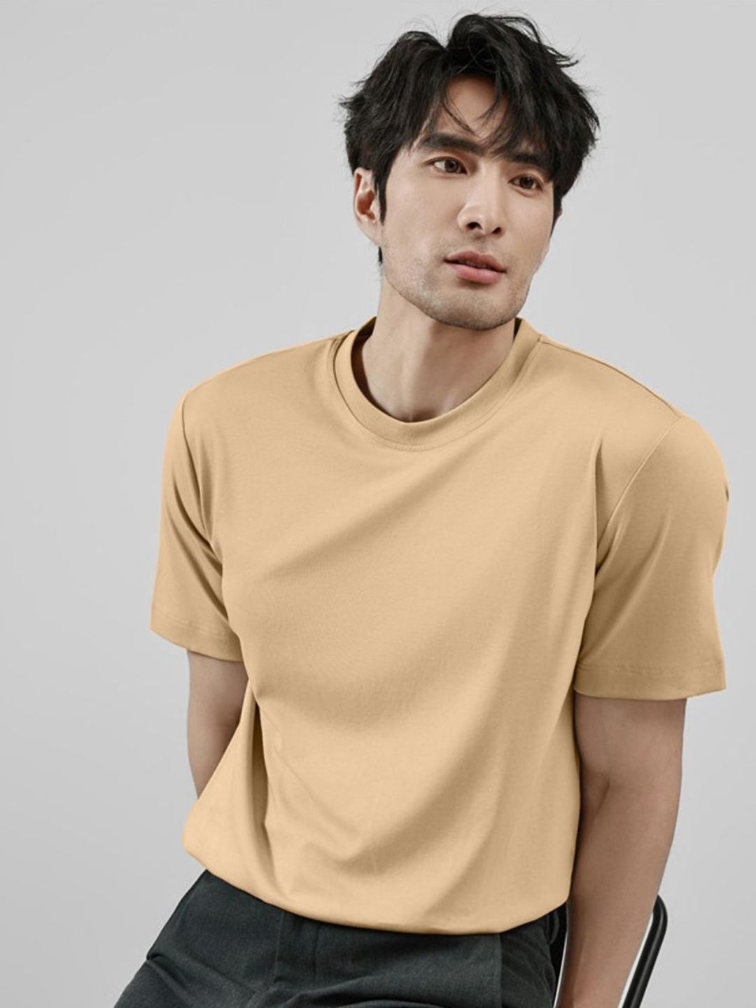 

madfrog Men Solid Round Neck Cotton T-shirt, Beige