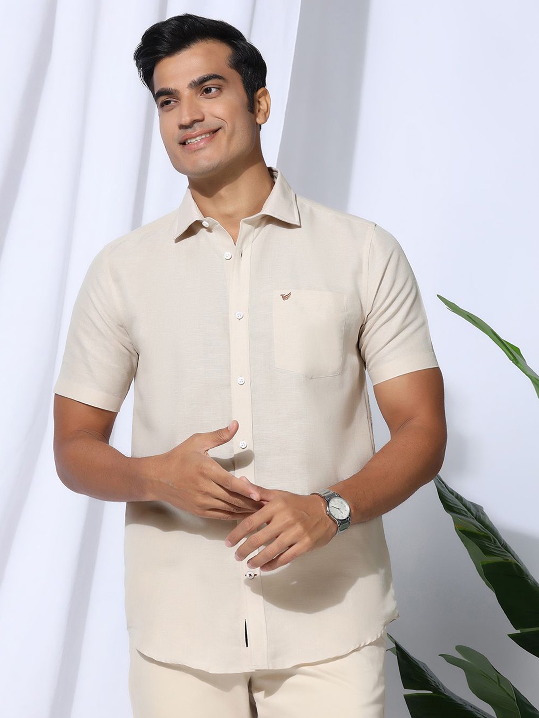 

Blackberrys Men India Slim Fit Spread Collar Solid Linen Casual Shirt, Beige