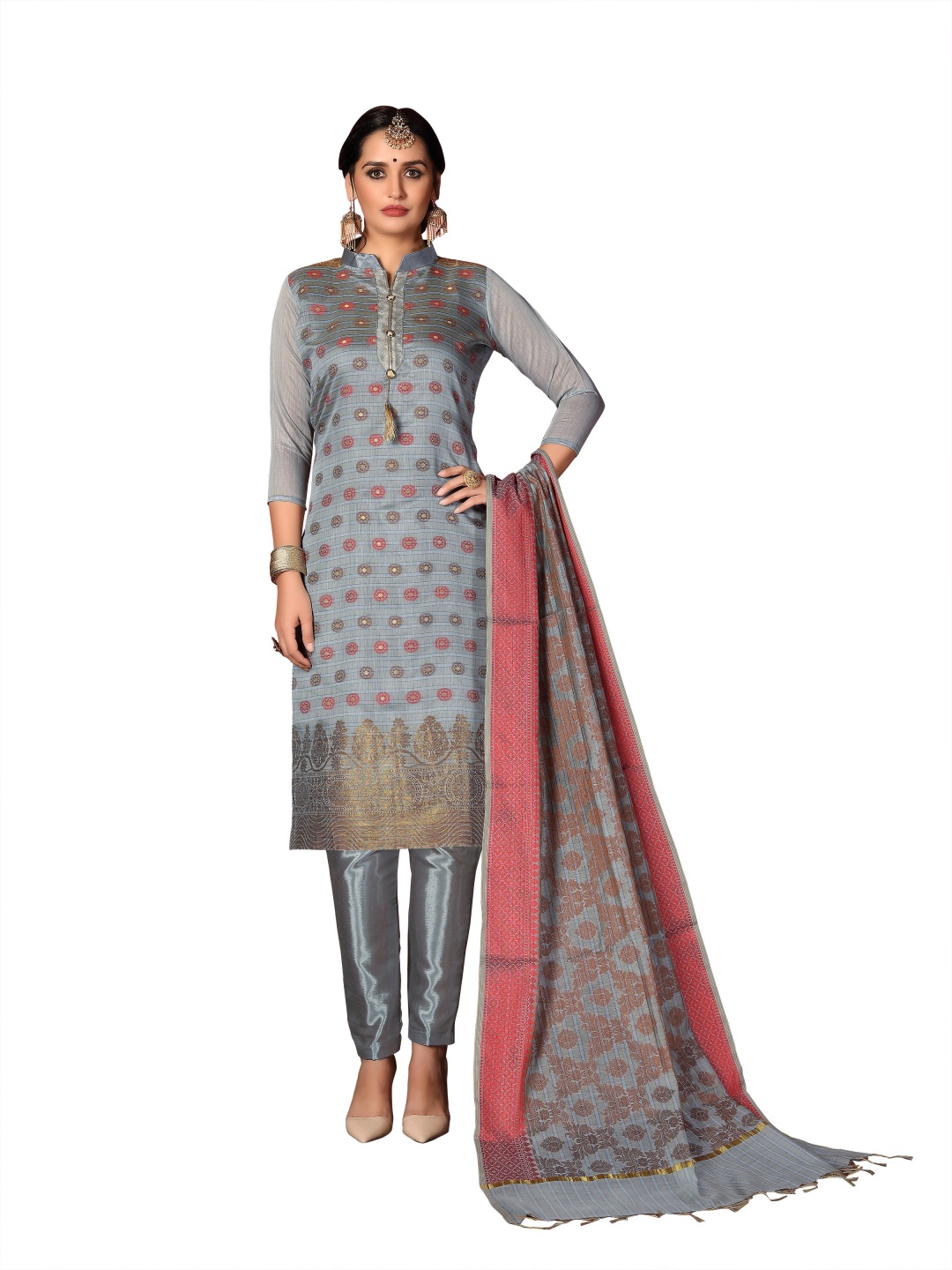 

HERE&NOW Floral Woven Design Unstitched Dress Material, Grey