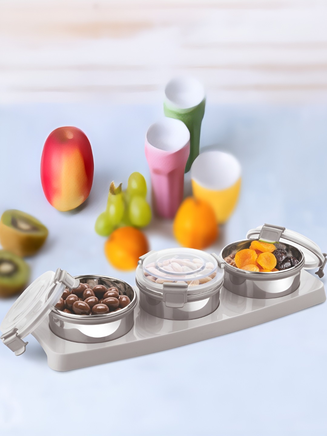 

Nayasa Grey Set Of 3 Steel Lock Dry Fruit Tray Set Container- 450 ml Each