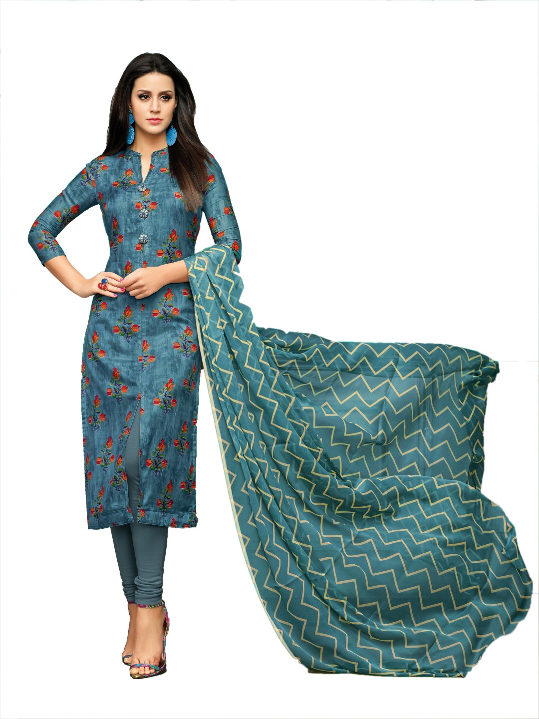 

HERE&NOW Floral Printed Chanderi Cotton Unstitched Dress Material, Blue