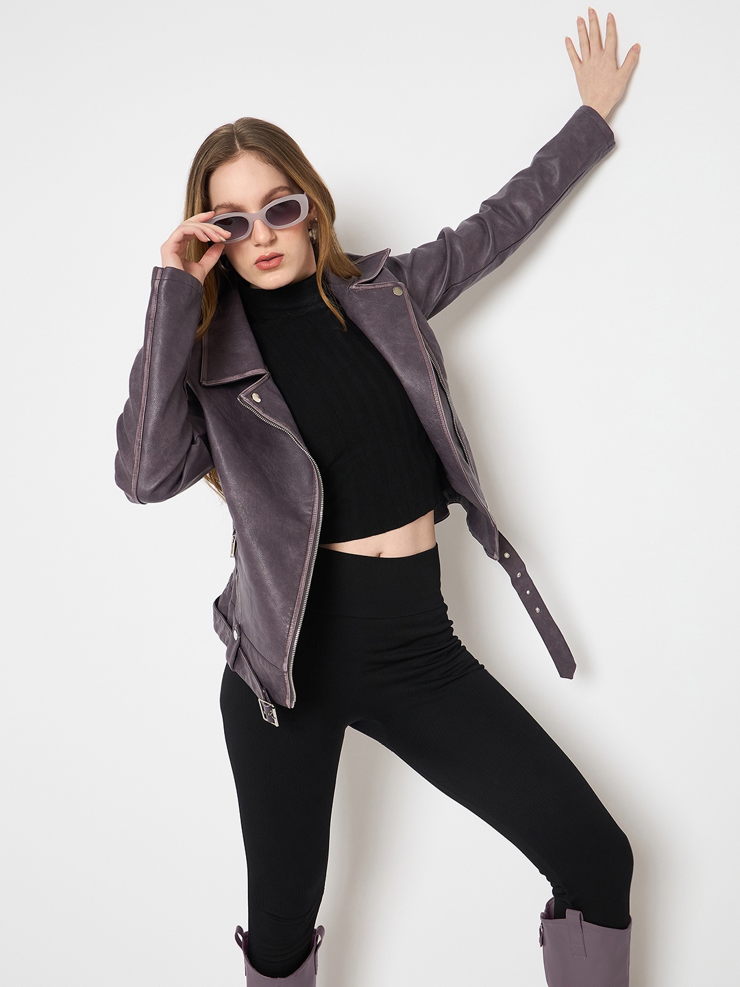 

Madame Women Polyester Biker Jacket, Purple