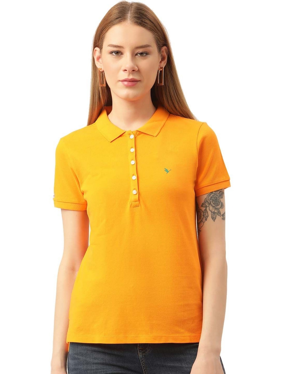 

AMSWAN Women Solid Polo Collar Cotton T-shirt, Yellow