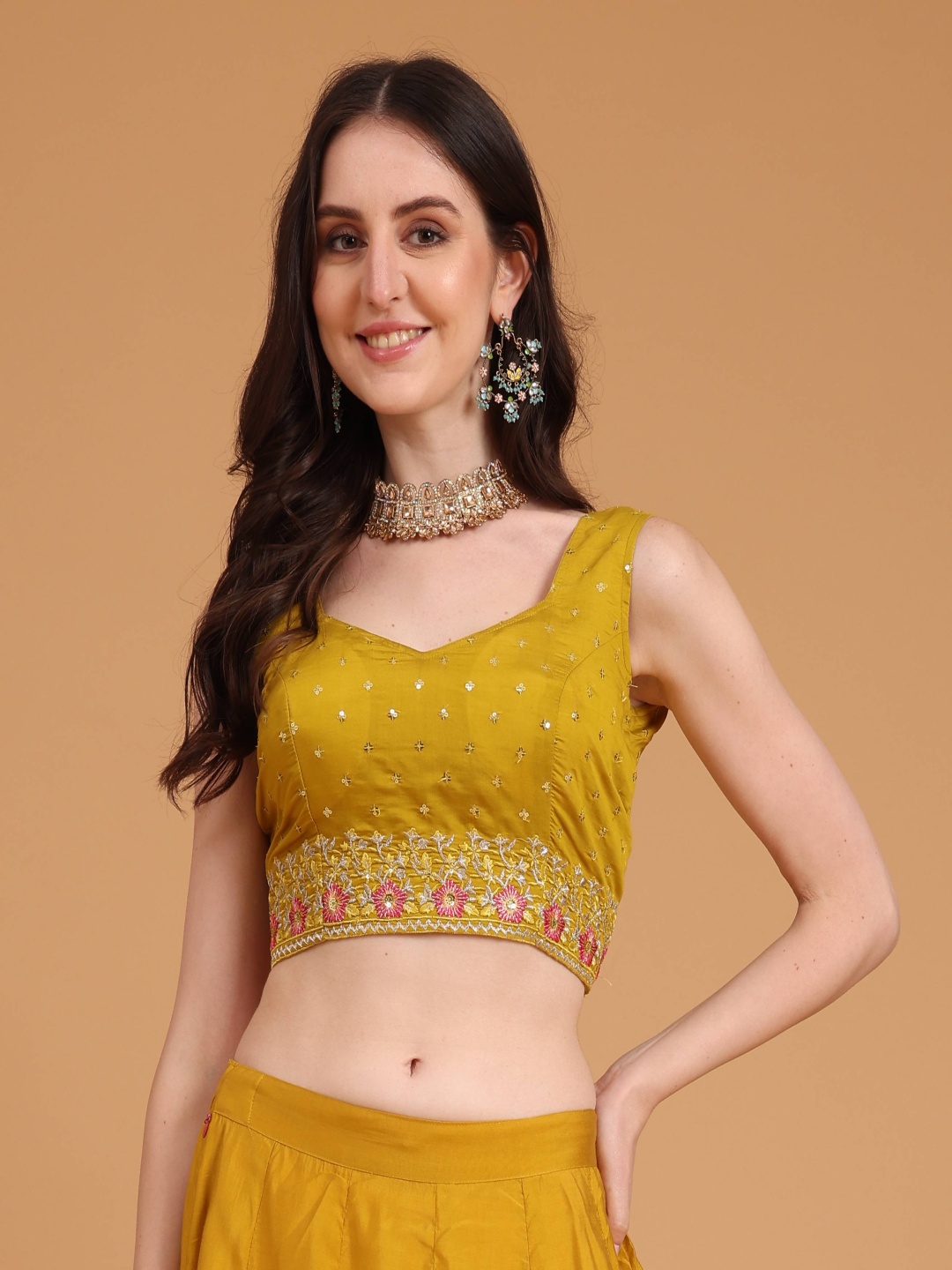 

Kinjo Floral Embroidered Sequinned Saree Blouse, Mustard