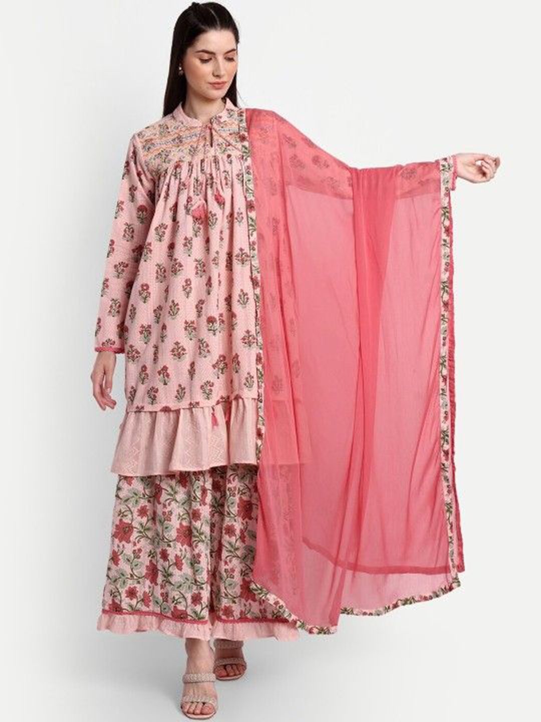 

Moda Rapido Women Floral Printed Regular Pure Cotton Kurta with Sharara & With Dupatta, Pink