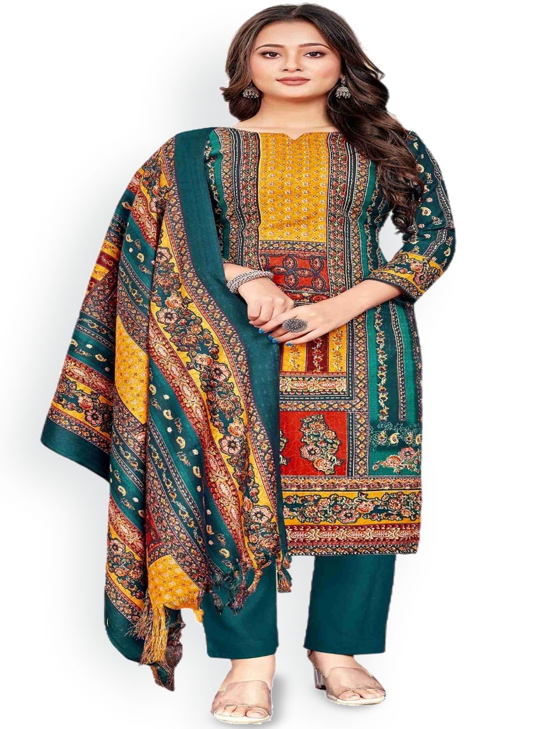 

DRAVINAM Trends Ethnic Motifs Printed Unstitched Dress Material, Green