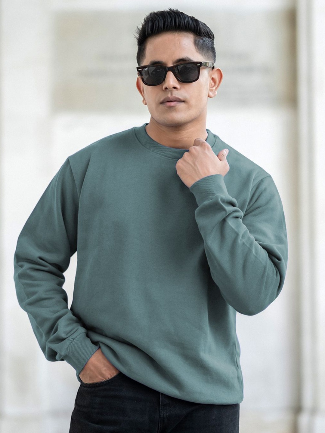 

Powerlook Men Solid Round Neck Pullover Ribbed Cotton Sweatshirt, Sea green