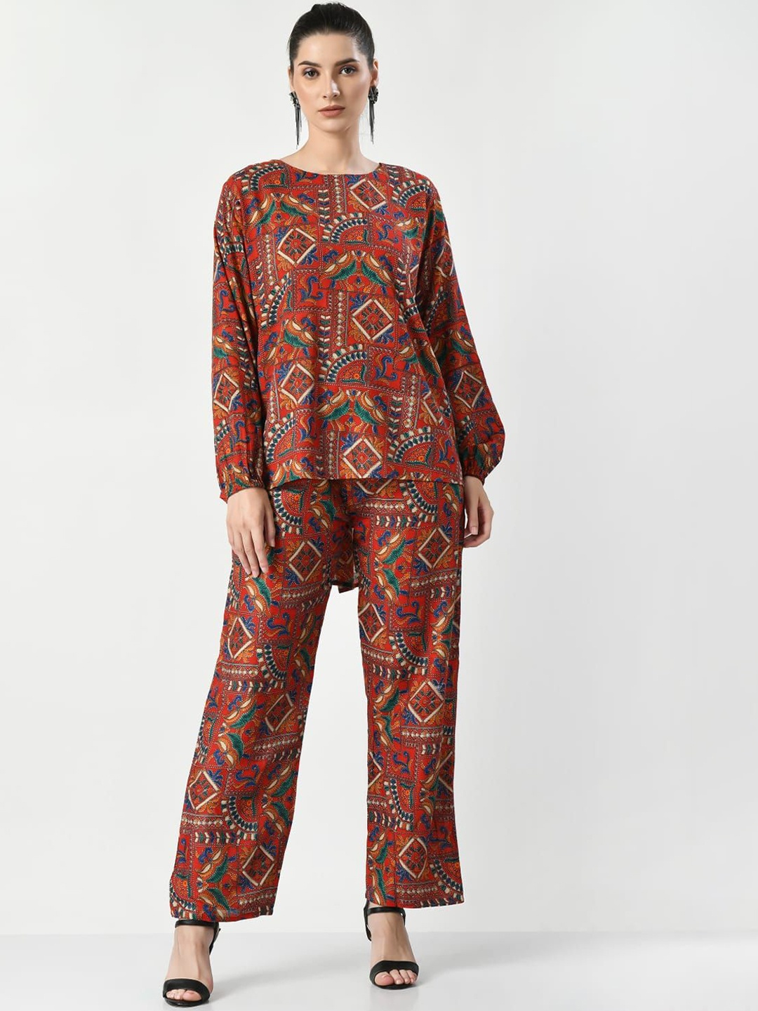 

BAESD Floral Printed Round Neck Tunic With Palazzo, Red