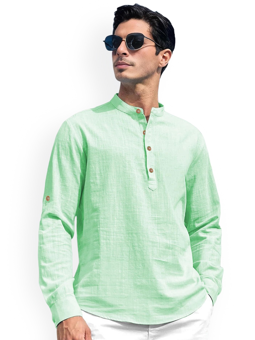 

Vida Loca Cotton Band Collar Slim Fit Short Kurta, Lime green