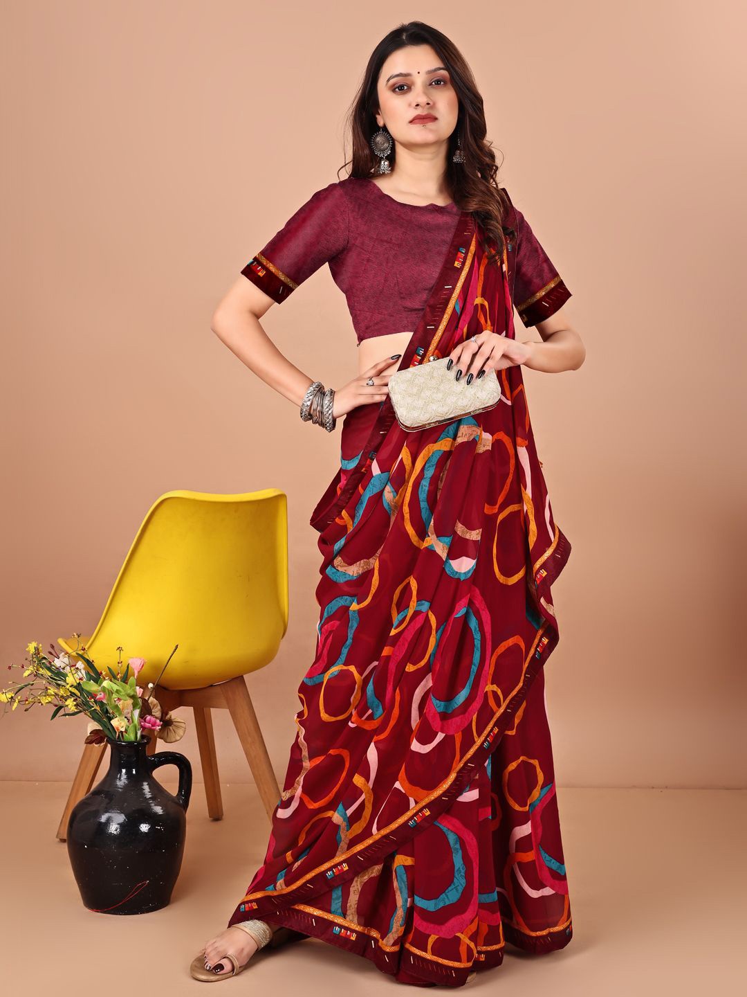 

Panzora Abstract Printed Embellished Designer Saree, Maroon