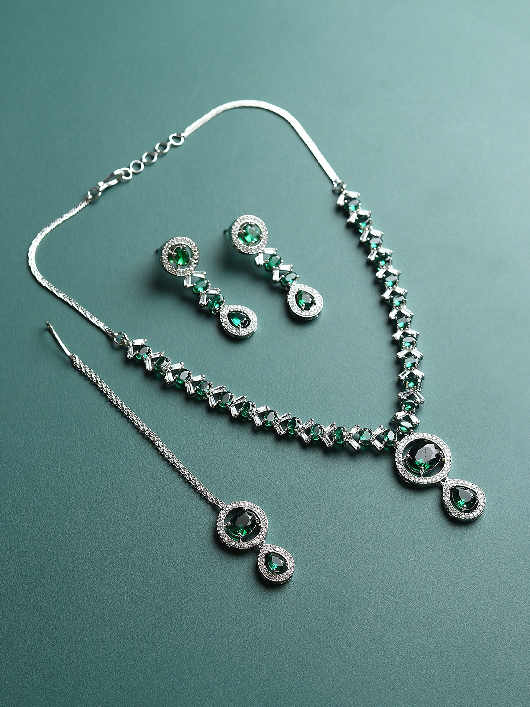 

RHOSYN Rhodium-Plated CZ American Diamond Studded Jewellery Set, Silver
