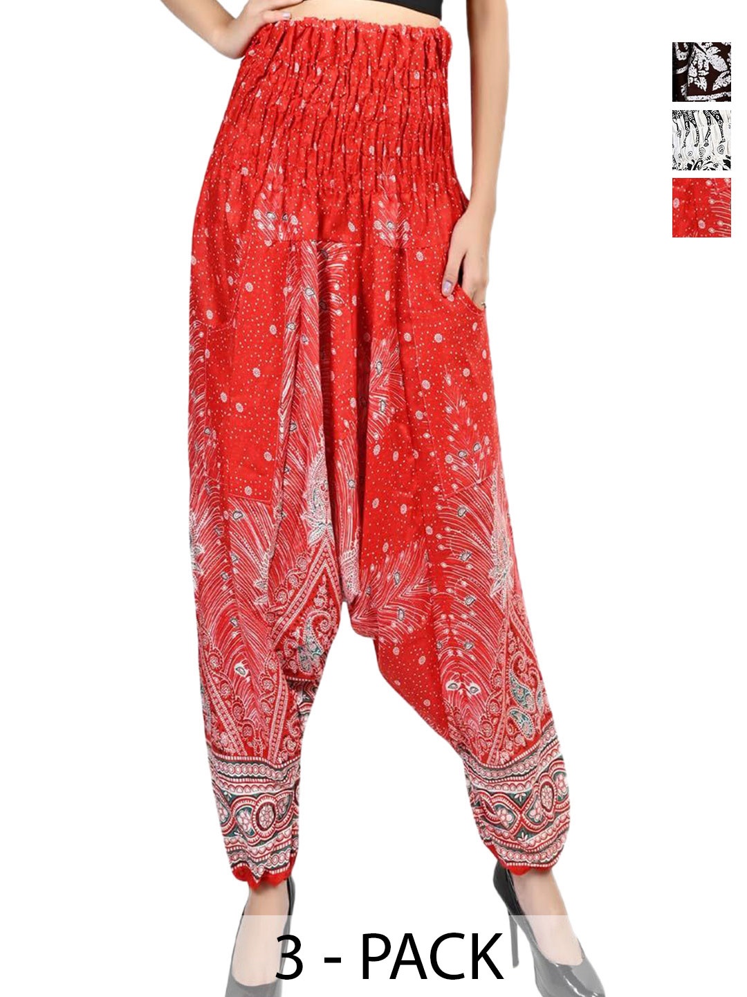 

NarNari Women Pack Of 3 Printed Harem Pants, Red