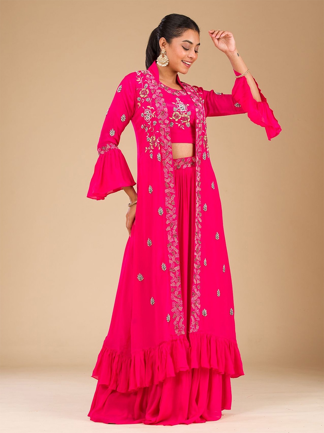 

Koskii Rani Pink Cutdana Georgette Readymade Crop Top With Skirt Co-Ords