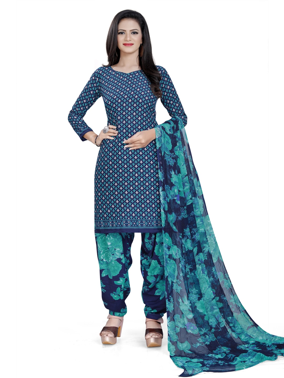 

HERE&NOW Floral Printed Unstitched Dress Material, Blue