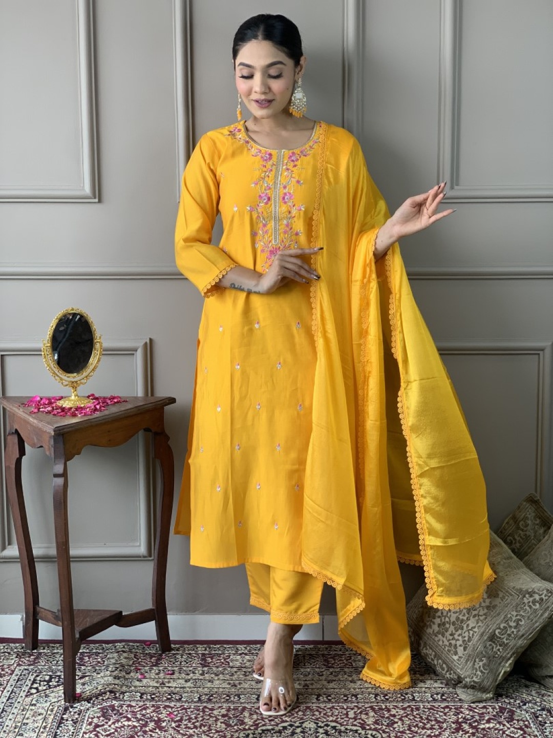 

Moda Rapido Floral Embroidered Straight Chanderi Silk Kurta With Trousers And Dupatta Set, Mustard