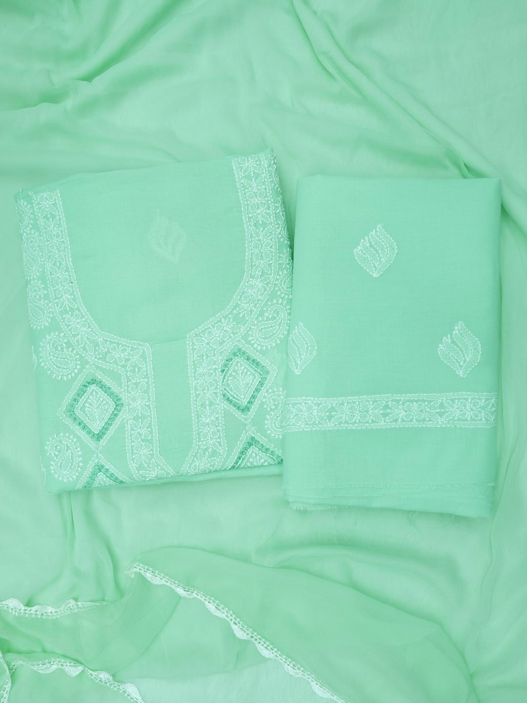 

PARAMOUNT CHIKAN Floral Embroidered Chikankari Unstitched Dress Material, Sea green