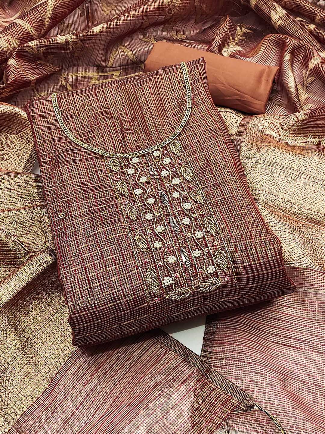 

KALINI Organza Unstitched Dress Material, Brown