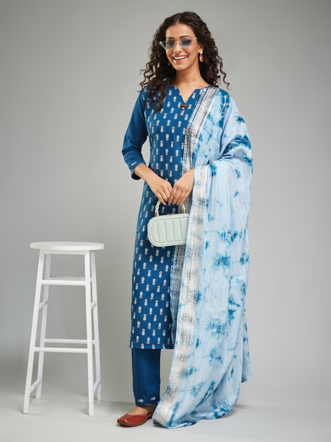 

Moda Rapido Blue Floral Printed Notch-Neck Straight Kurta With Trousers And Dupatta