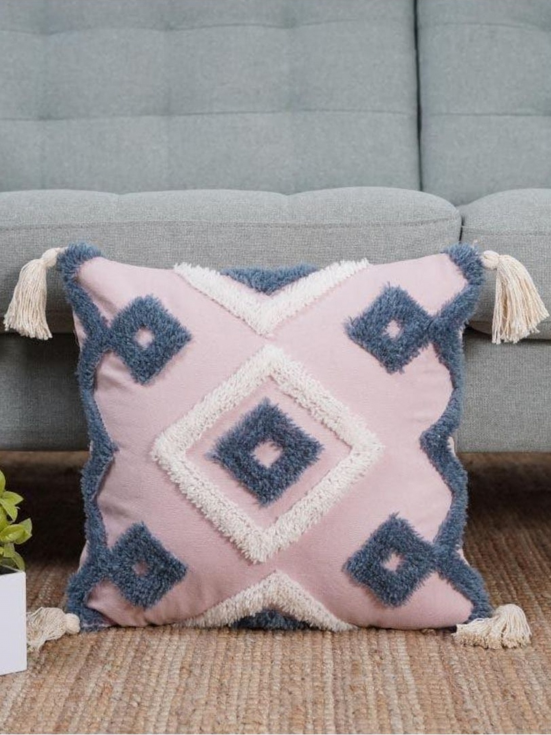 

Aura Pink & Grey Geometric Textured Cotton Square Shaped Tasselled Cushion Covers