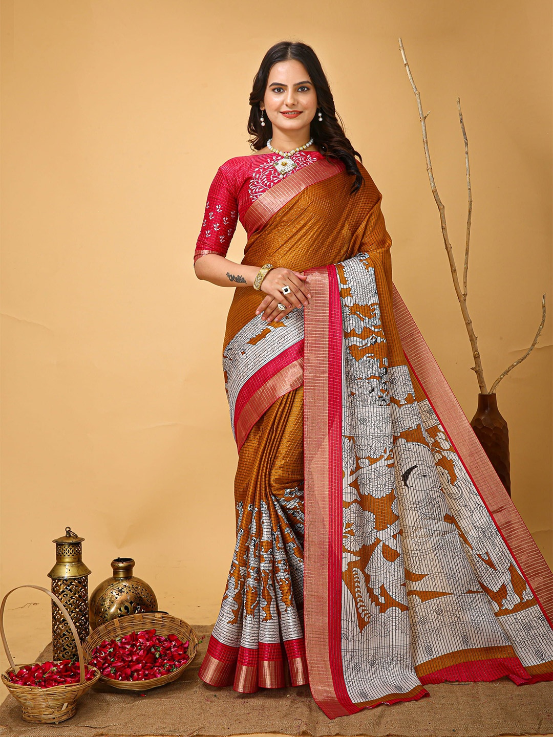 

KAYOMMI Kalamkari Zari Pure Cotton Kanjeevaram Saree, Red