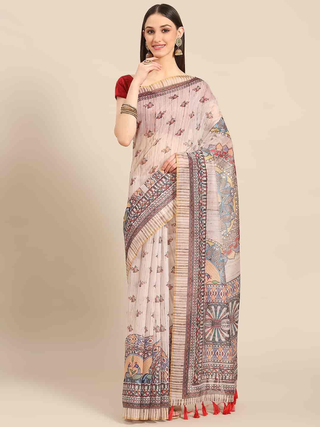 

DIVASTRI Digital Printed Kalamkari Chanderi Cotton Saree With Tassels, Beige