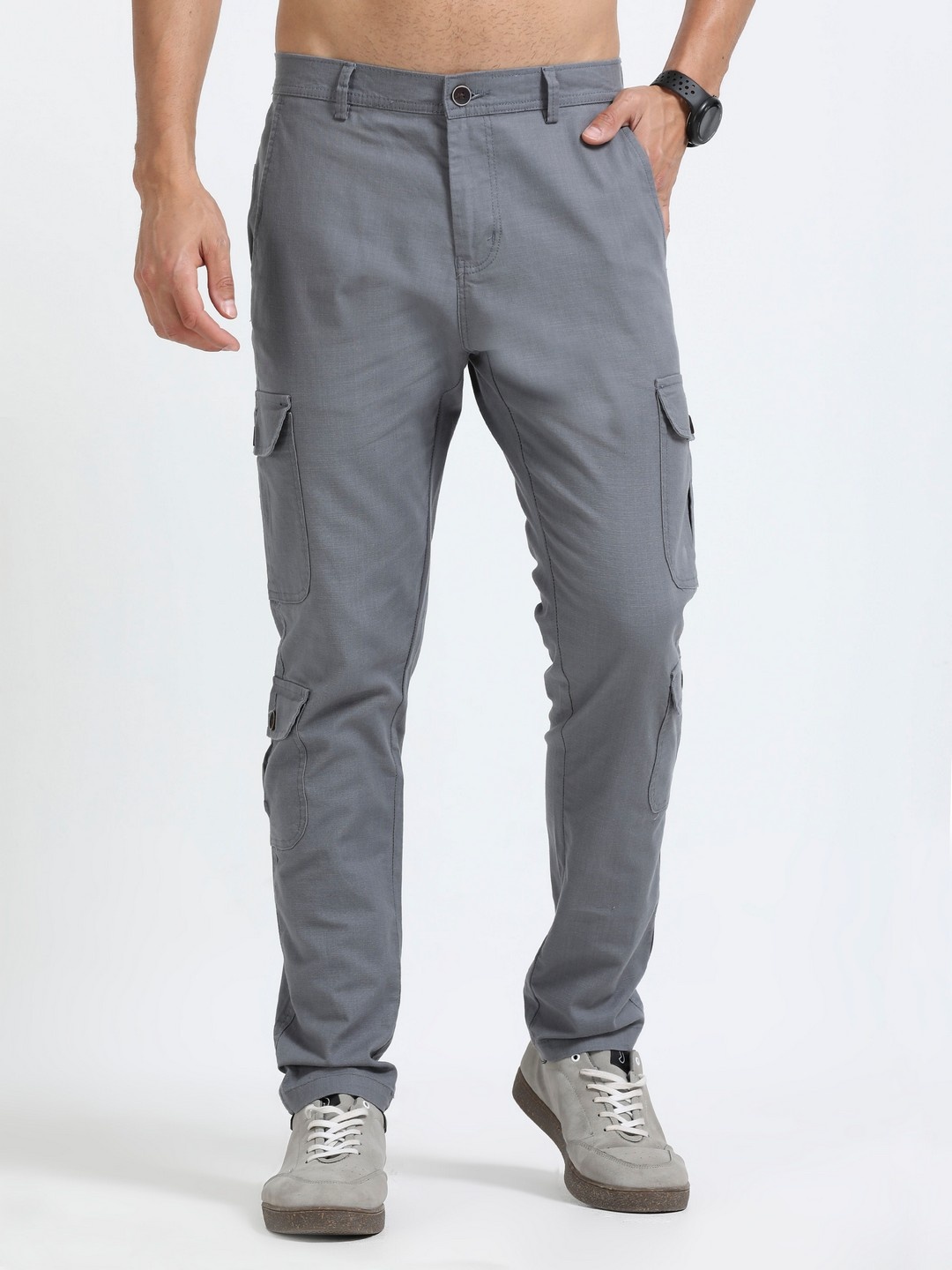 

NEVER NEUD Men Relaxed Lazy Linen Utility Cargos Trousers, Grey