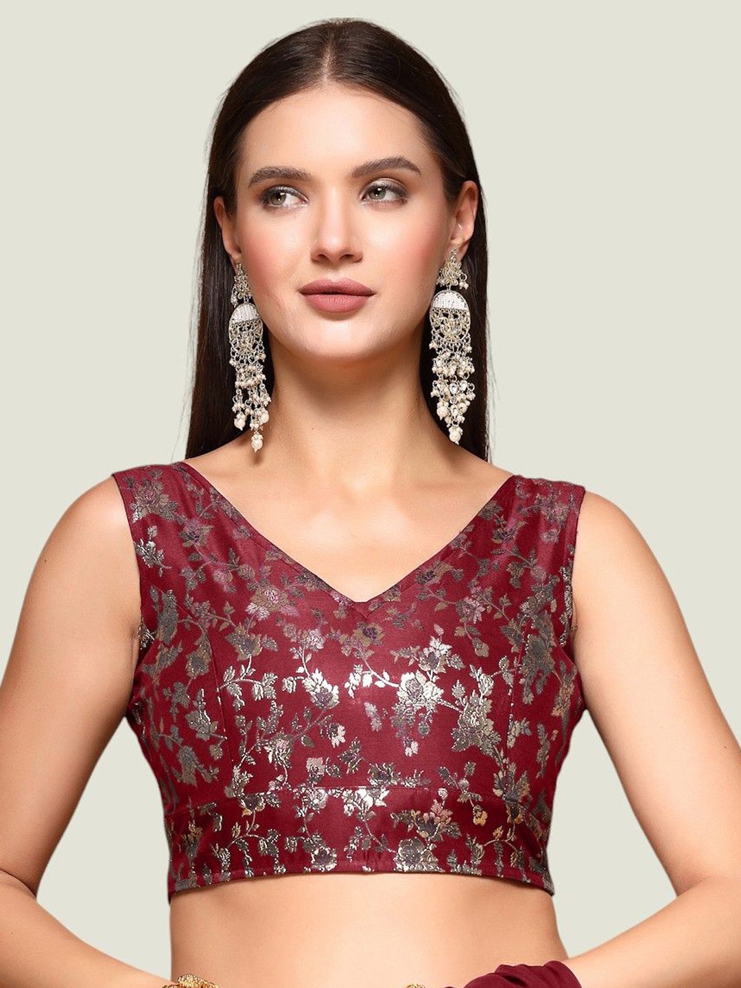 

Oomph! Self-Designed Jacquard Sleeveless Saree Blouse, Red
