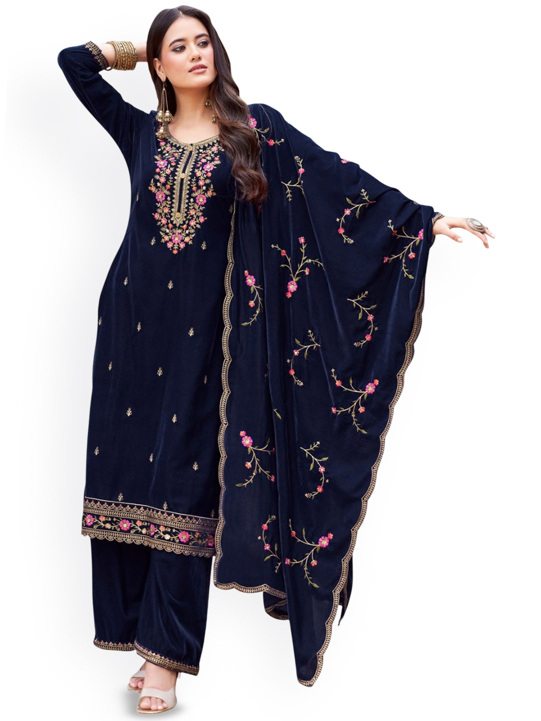 

DRAVINAM Trends Floral Embroidered Zari Work Velvet Unstitched Dress Material, Black