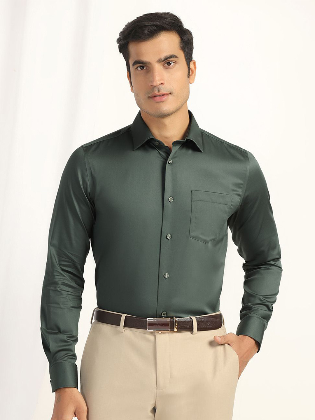 

Blackberrys Men India Slim Fit Spread Collar Solid Cotton Formal Shirt, Olive